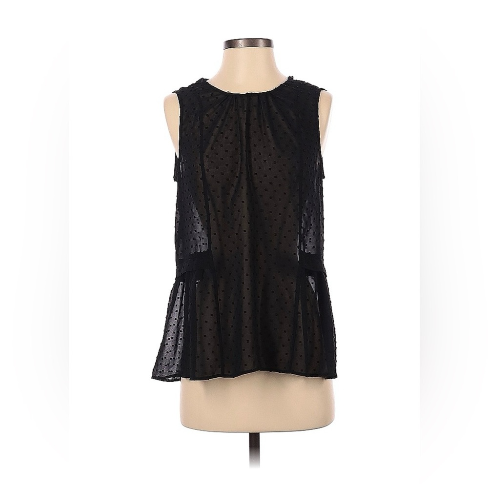 J. Crew Sleeveless Semi-Sheer Blouse Top Black Polka Dot Gathered Waist